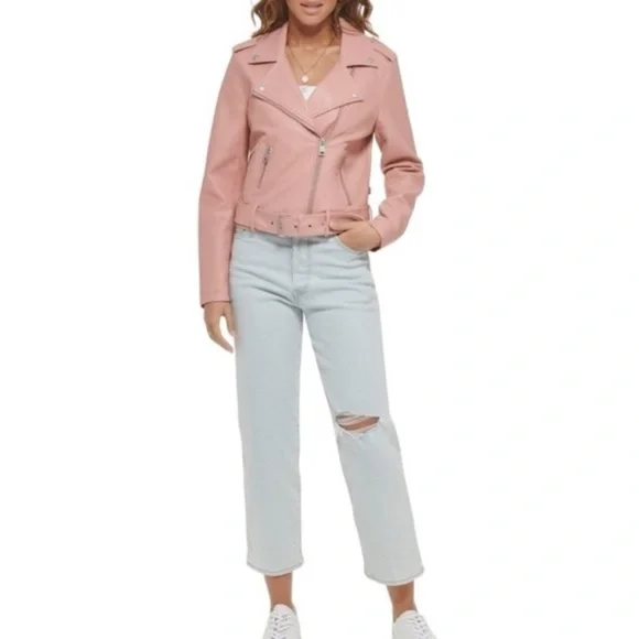 Levi's Faux Leather Fashion Belted Moto Jacket Cameo Pink- M - Picture 4 of 10